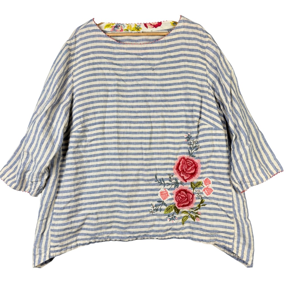 J. Jill Love Linen Striped Embroidered Floral Top 3X Blue White Pom Pom Trim